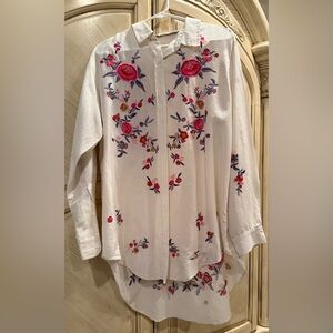 ZARA Embroidered Floral Button-Up Shirt, Size L